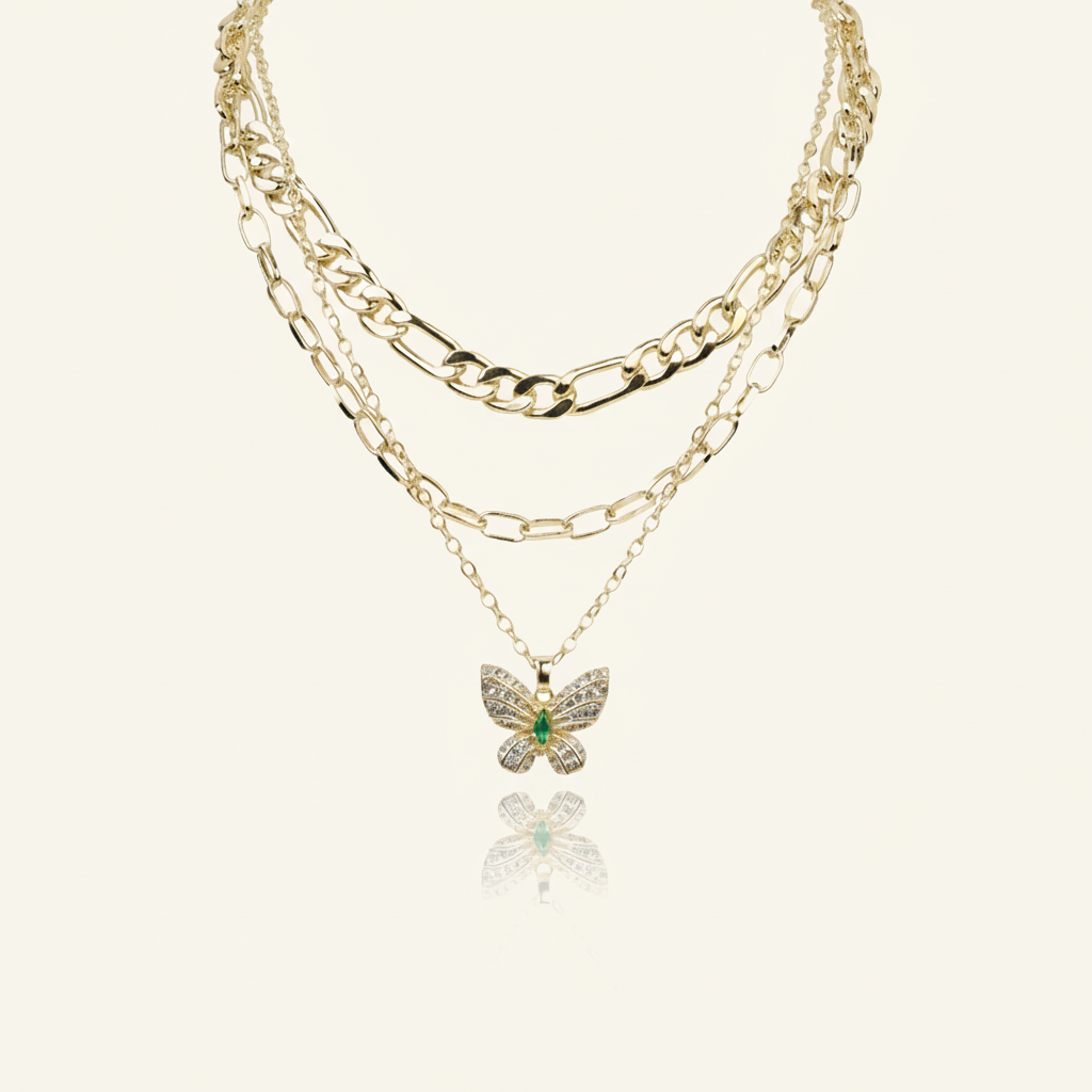 Aanura Gold Layered Butterfly Pendant Necklace
