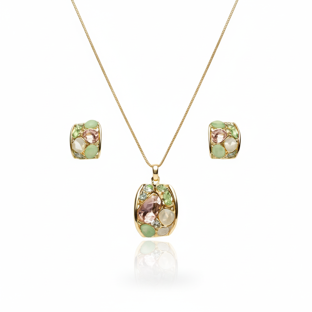 Aanura Pastel Green Peach Rectangular Necklace & Earrings