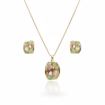 Aanura Pastel Green Peach Rectangular Necklace & Earrings