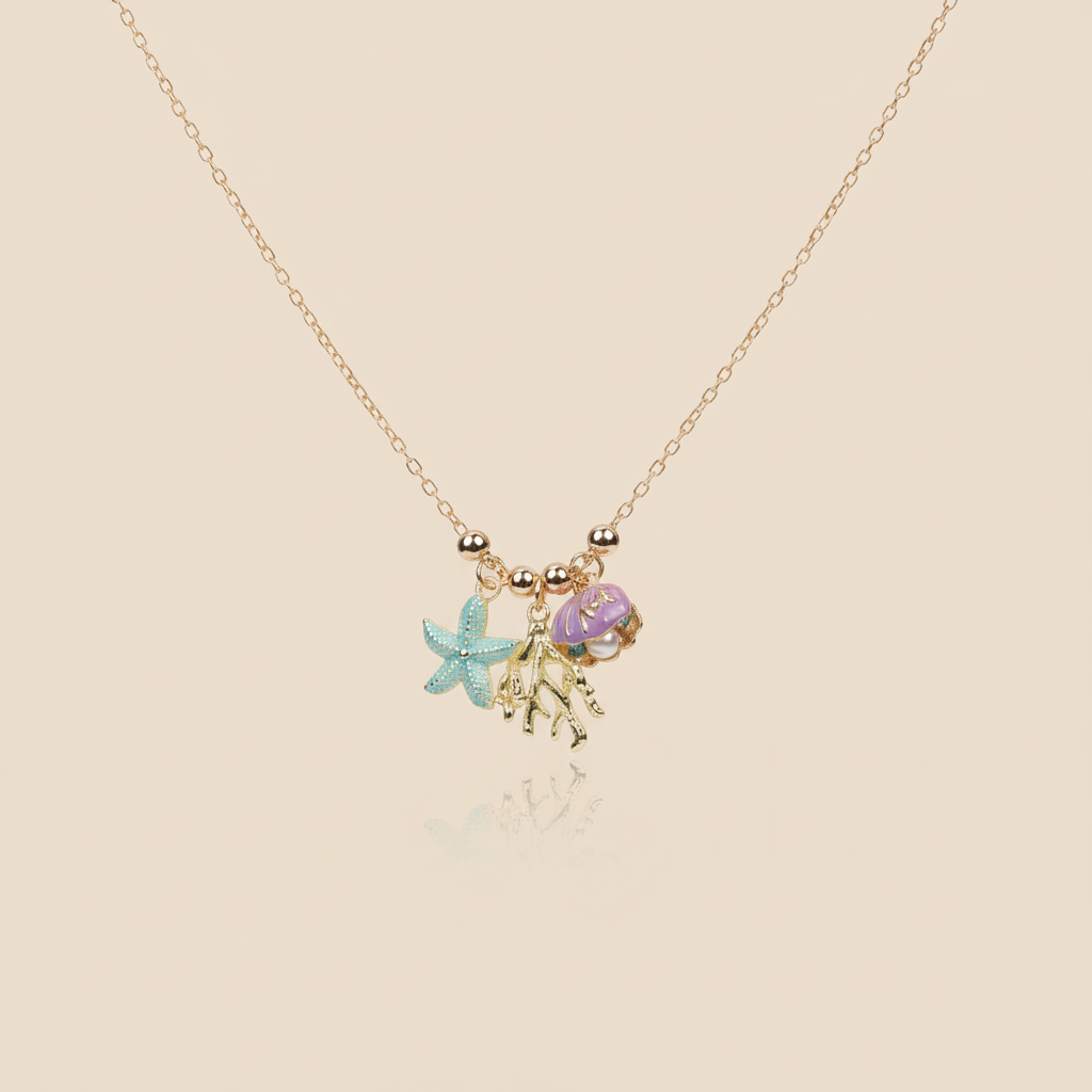 Aanura Ocean Charm Gold Necklace with Starfish, Shell & Coral