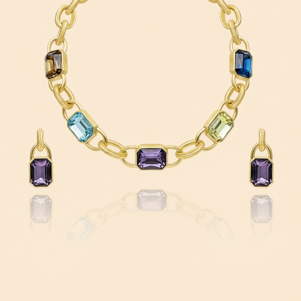Aanura Gold Link Multicolor Crystal Necklace Set Stainless