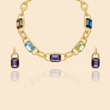 Aanura Gold Link Multicolor Crystal Necklace Set Stainless