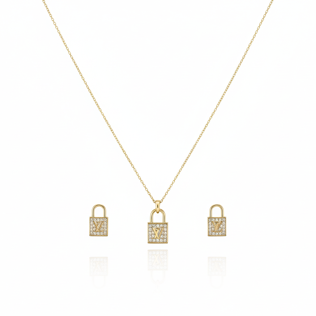 Golden Lock Pendant Necklace & Earrings Set