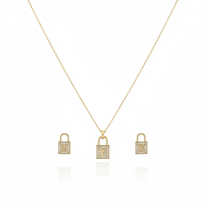 Golden Lock Pendant Necklace & Earrings Set