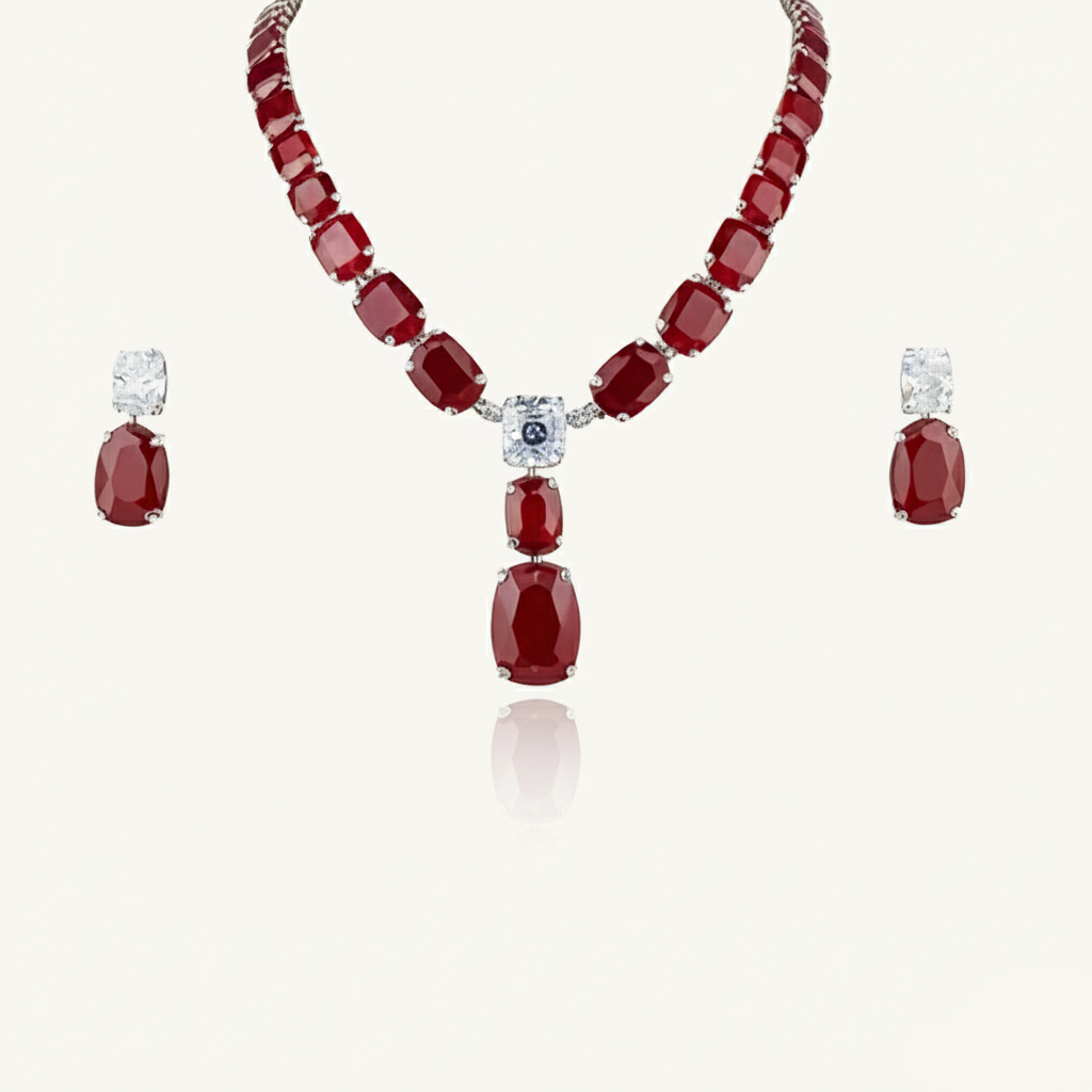 Aanura Deep Red Drop Crystal Necklace Set Stainless Steel
