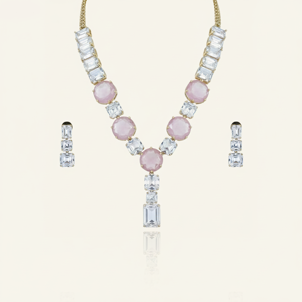 Aanura Pink Stone Diamond-Cut Necklace Set