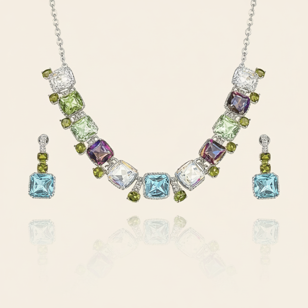 Aanura Multicolor Square Crystal Necklace Set Stainless