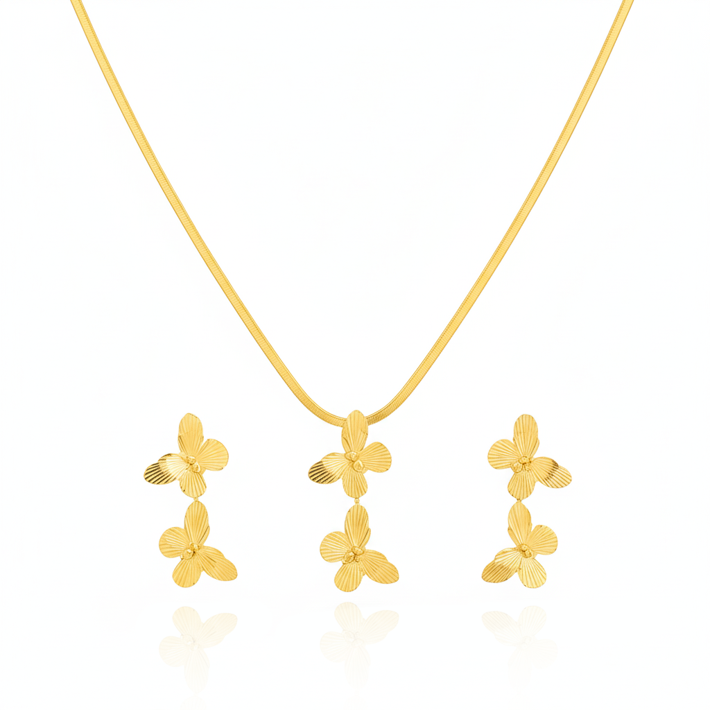 Golden Triple Orchid Necklace & Earrings Set