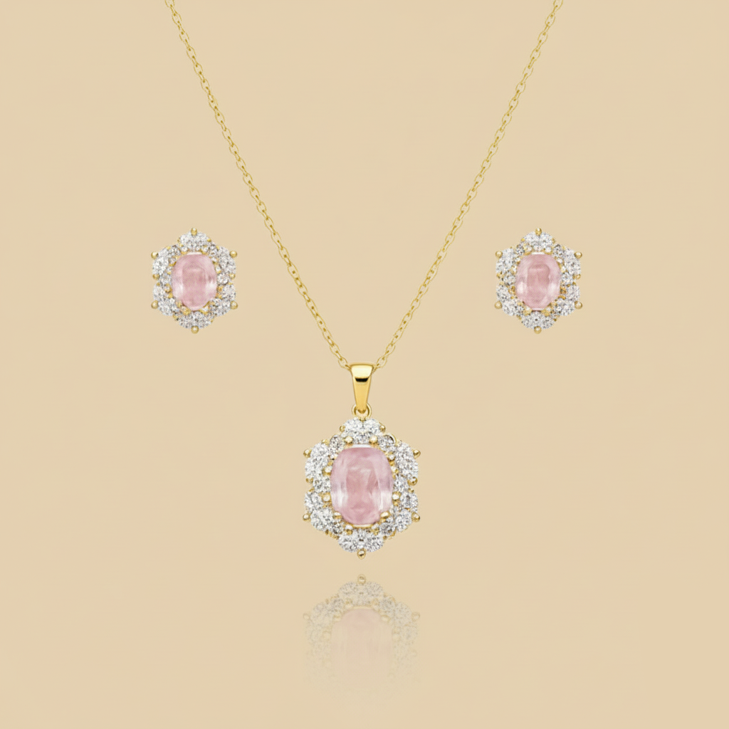 Aanura Pink Oval Halo Necklace & Earrings Set