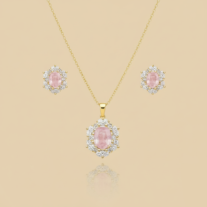 Aanura Pink Oval Halo Necklace & Earrings Set
