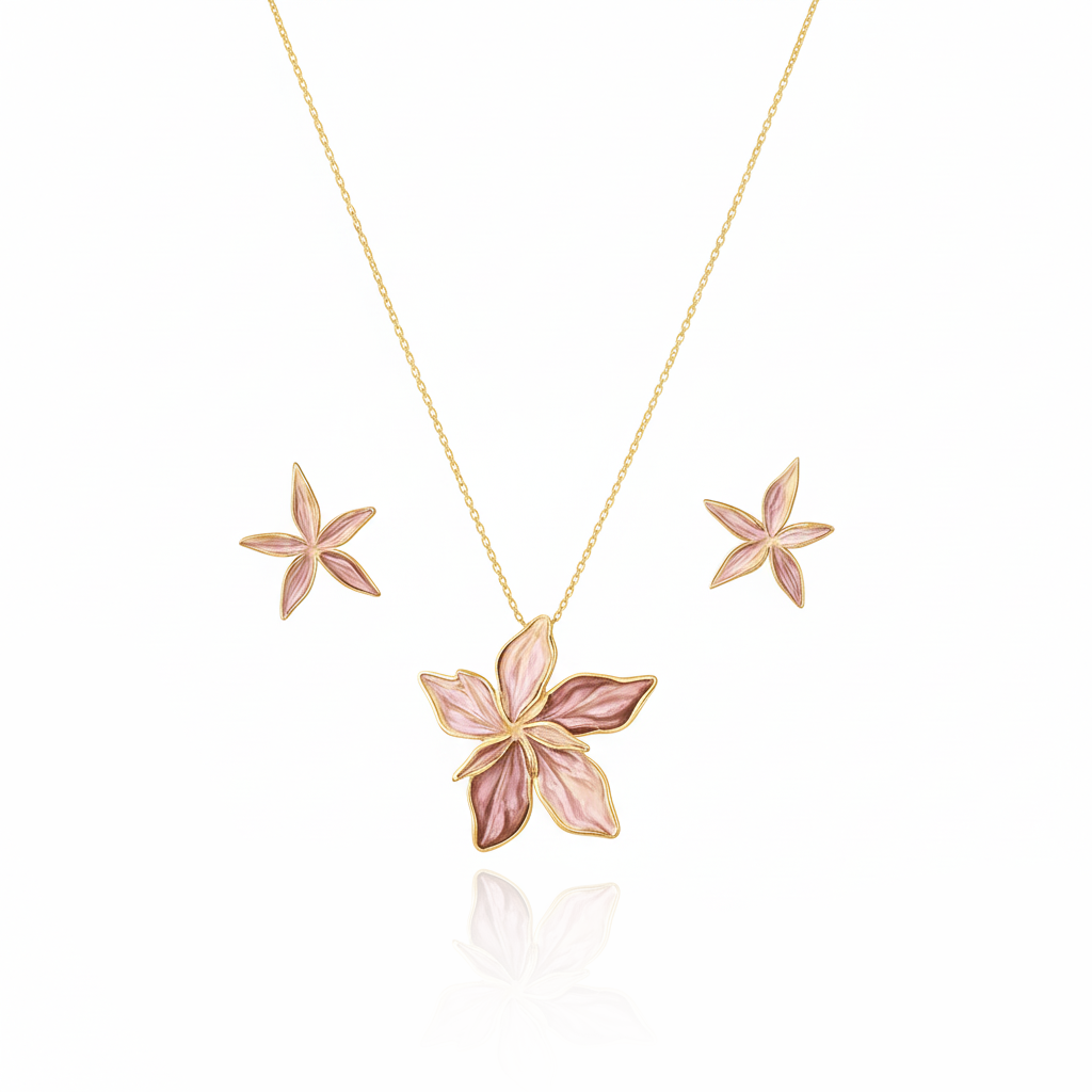 Aanura Pink Orchid Flower Necklace & Earrings
