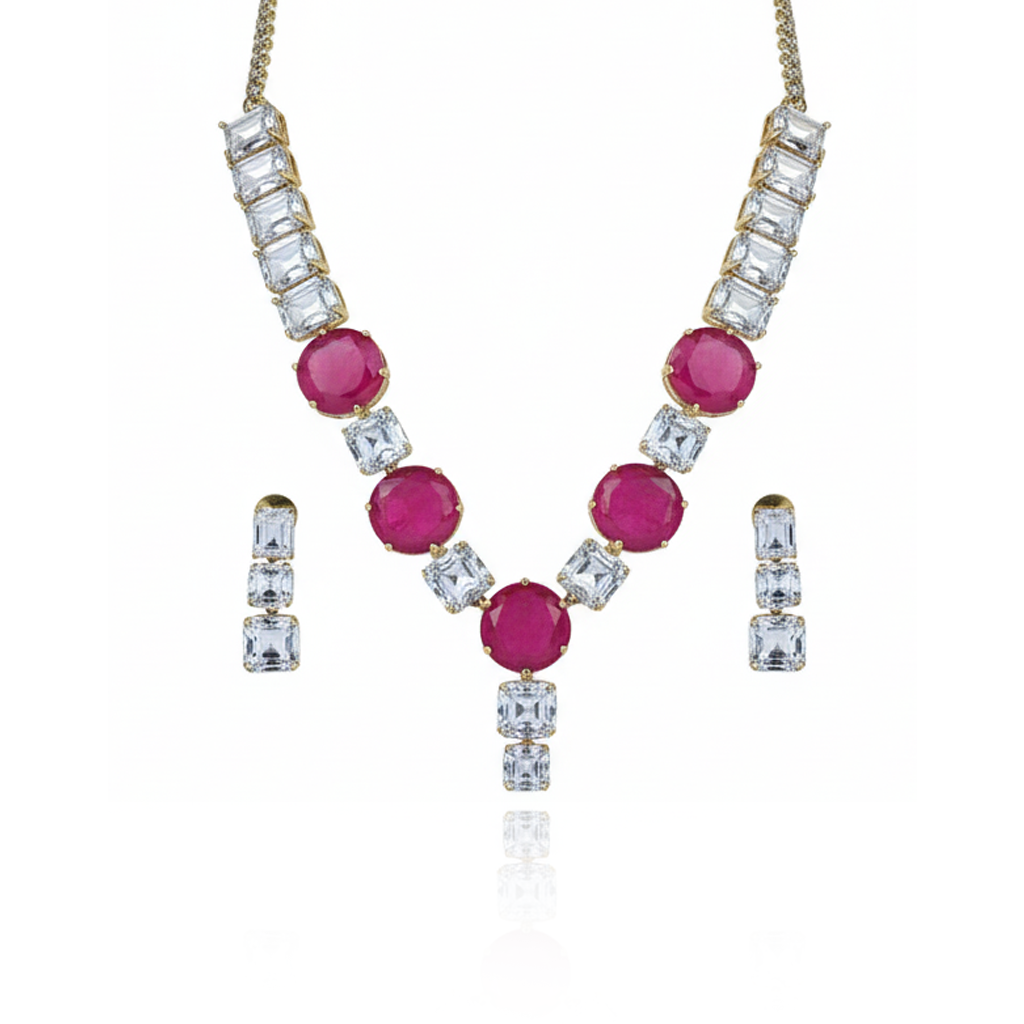 Aanura Pink Stone Diamond-Cut Necklace Set