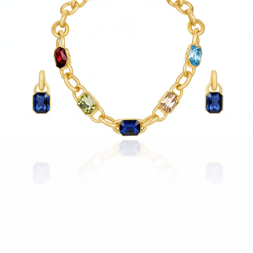 Aanura Gold Link Multicolor Crystal Necklace Set Stainless