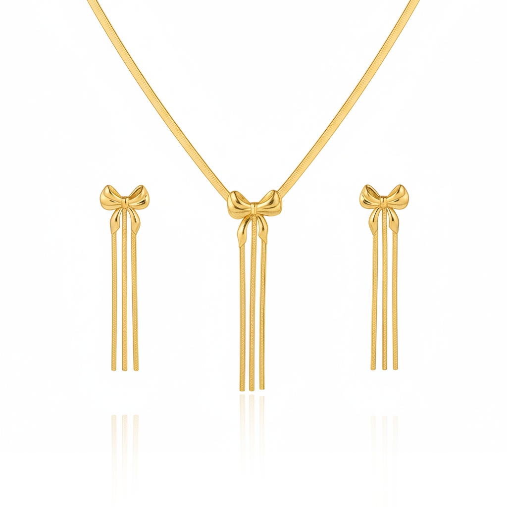 Aanura Golden Ribbon Bow Necklace & Earrings Set