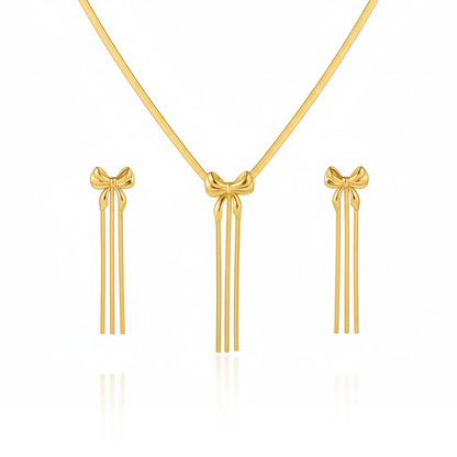 Aanura Golden Ribbon Bow Necklace & Earrings Set