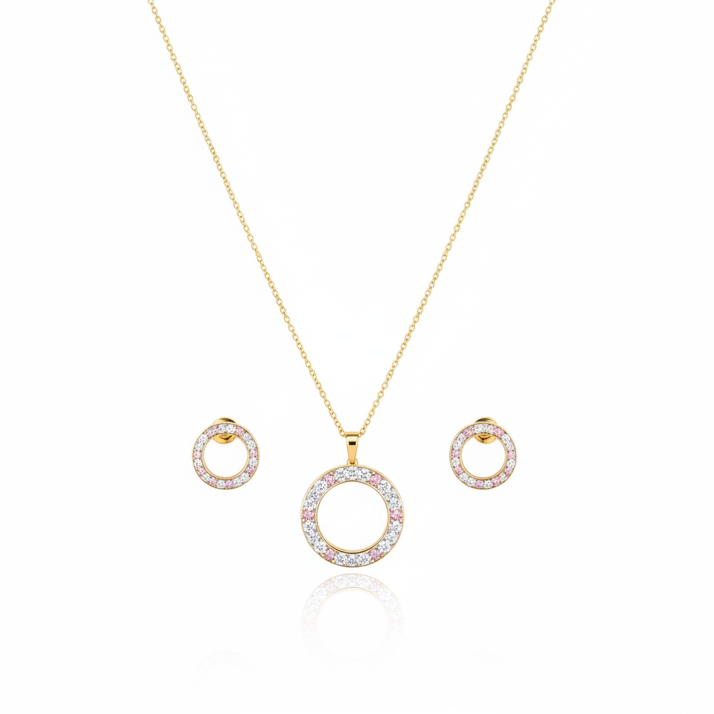 Golden Crystal Circle Necklace & Earrings Set