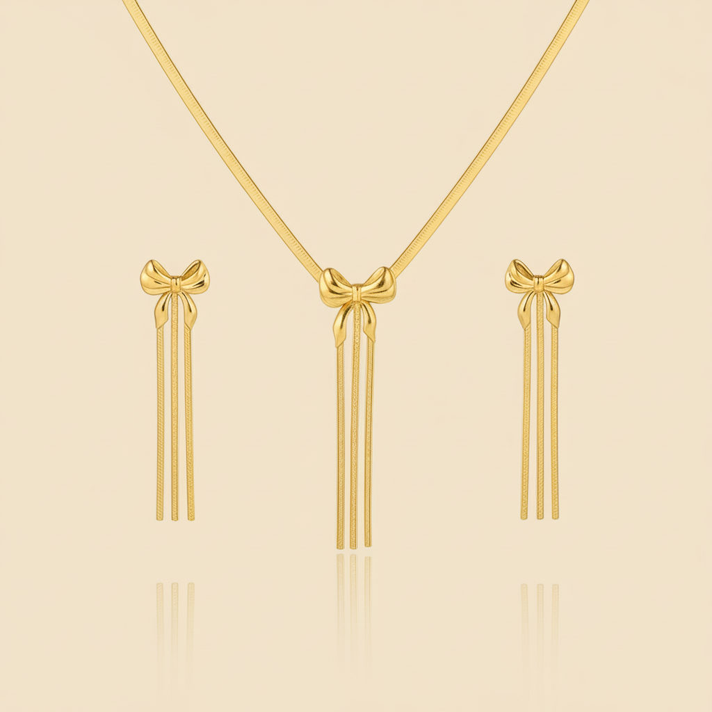 Aanura Golden Ribbon Bow Necklace & Earrings Set