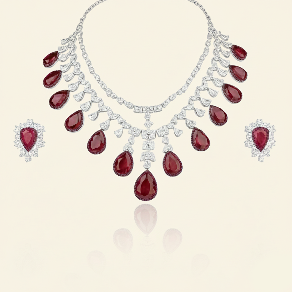 Aanura Ruby Teardrop Layered Necklace Set Stainless Steel