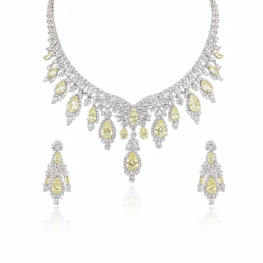 Aanura Yellow Teardrop Floral Necklace Set Stainless Steel