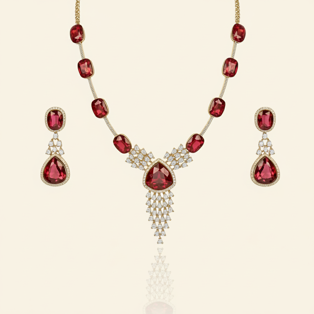 Aanura Ruby Red Geometric Necklace Set