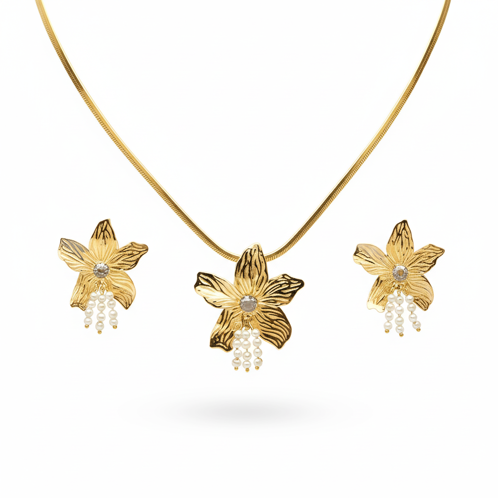 Aanura Orchid Gold Necklace & Earrings Set