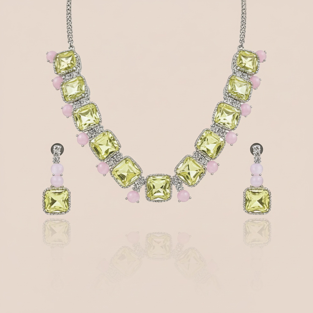 Aanura Multicolor Square Crystal Necklace Set Stainless