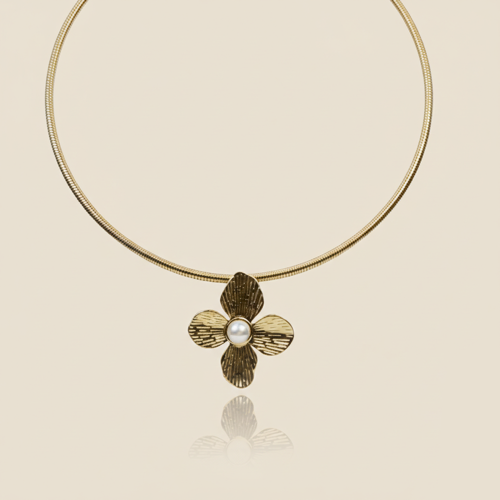 Aanura Gold Choker Necklace with Pearl Flower Pendant