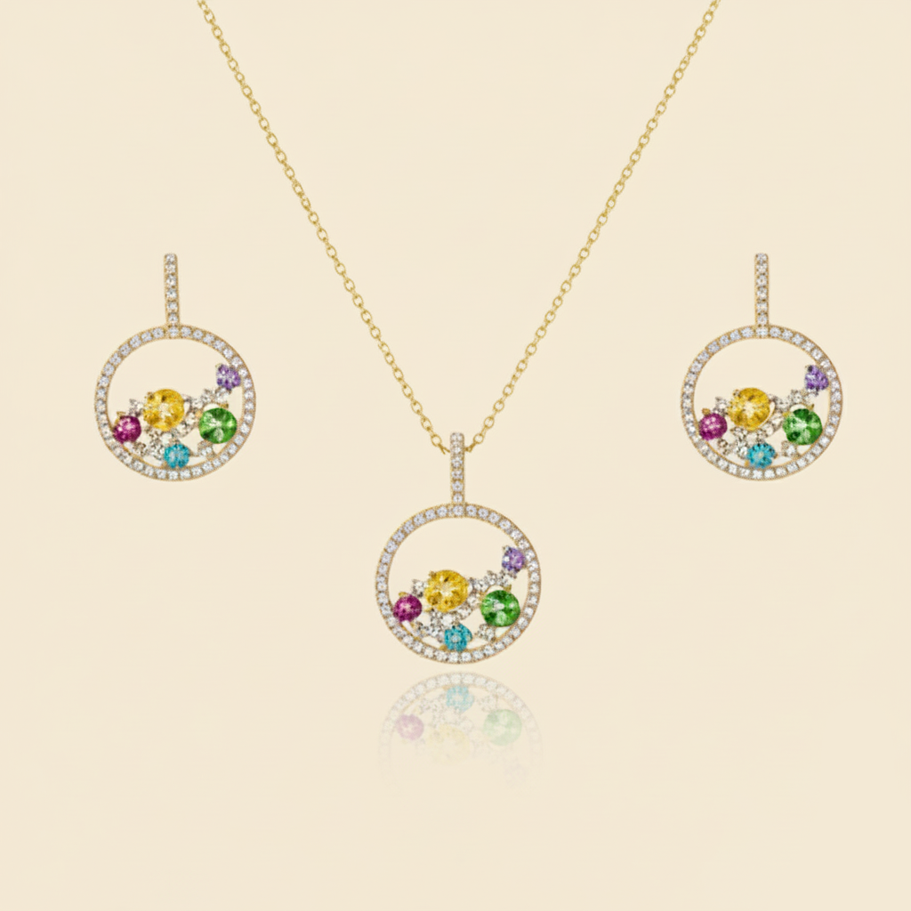 Aanura Multicolor Crystal Circle Necklace & Earrings