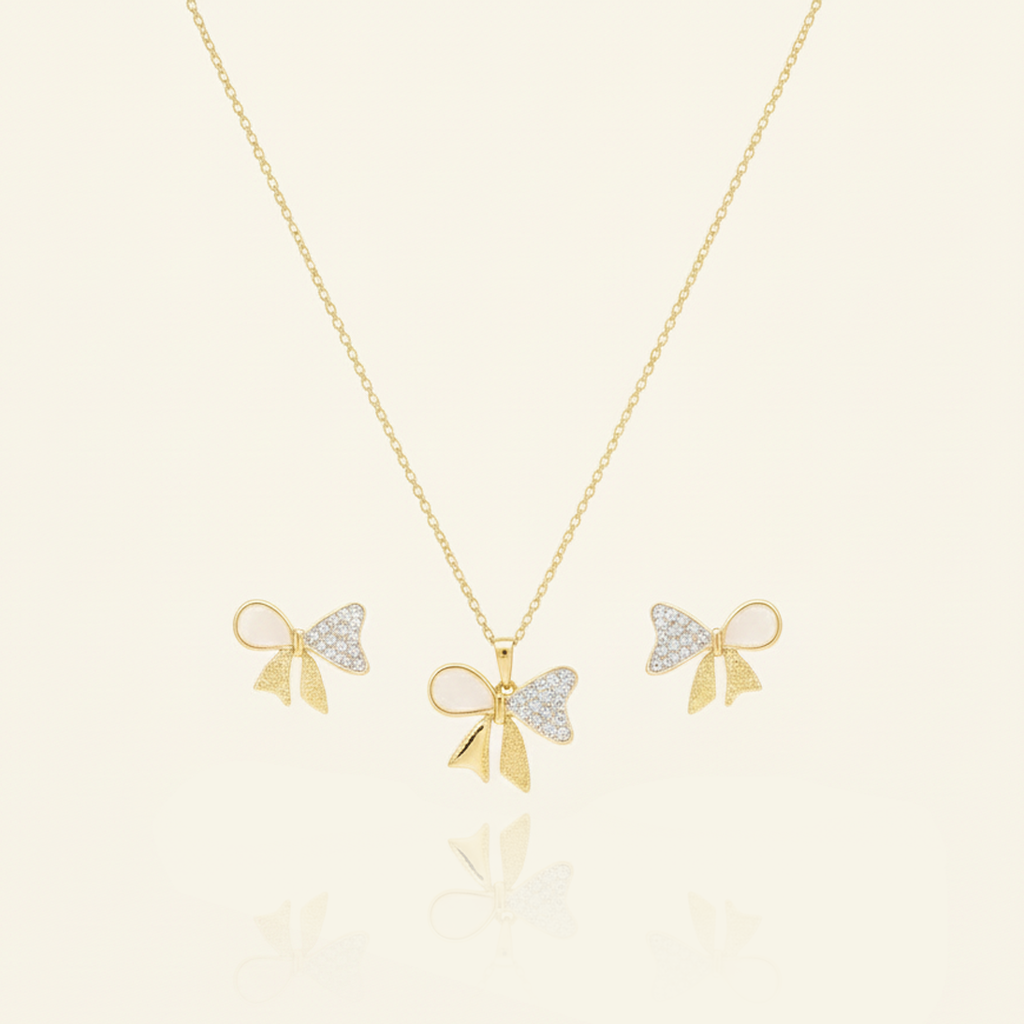 Golden Bow Pearl Necklace & Earrings Set
