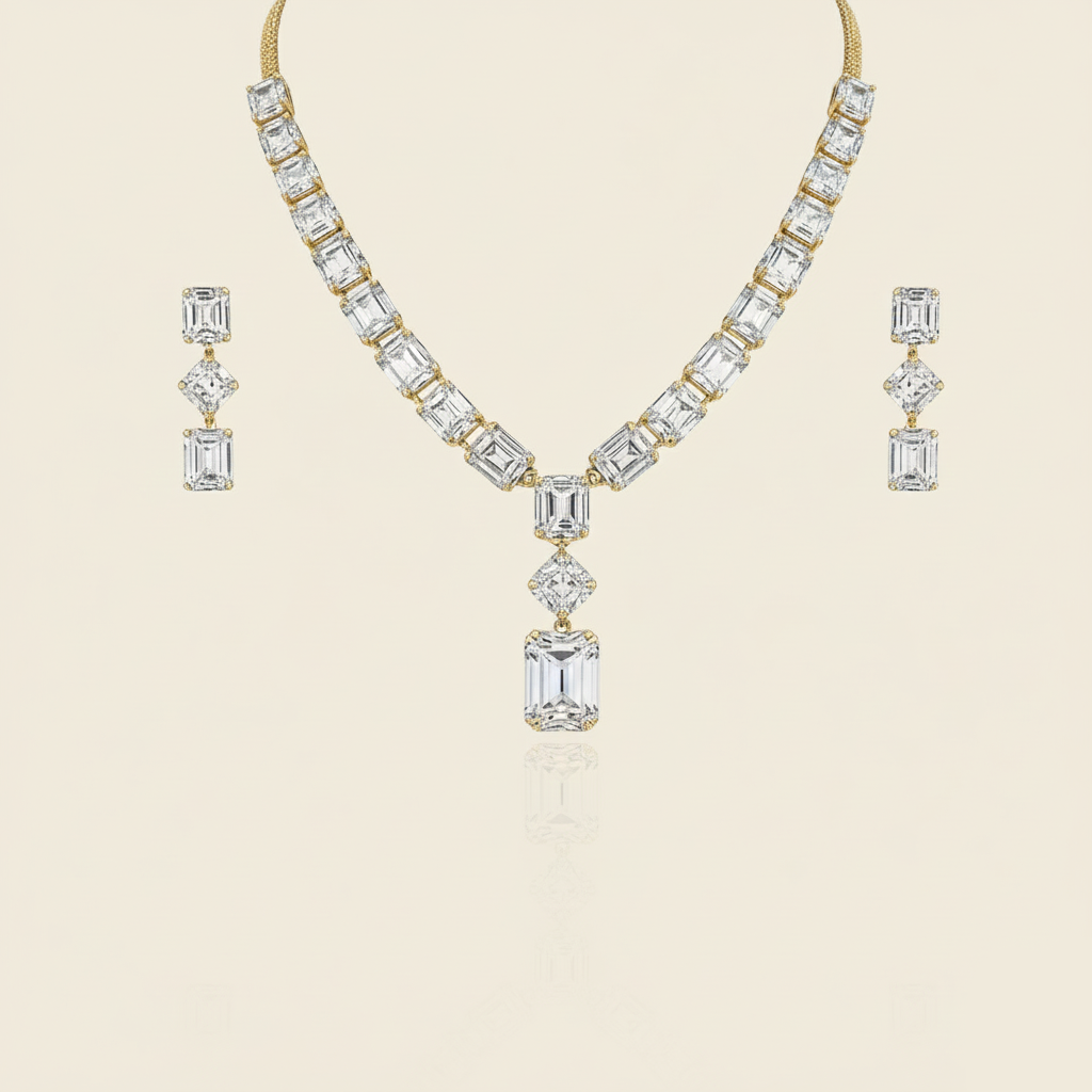 Aanura Emerald-Cut Diamond Necklace Set with Earrings