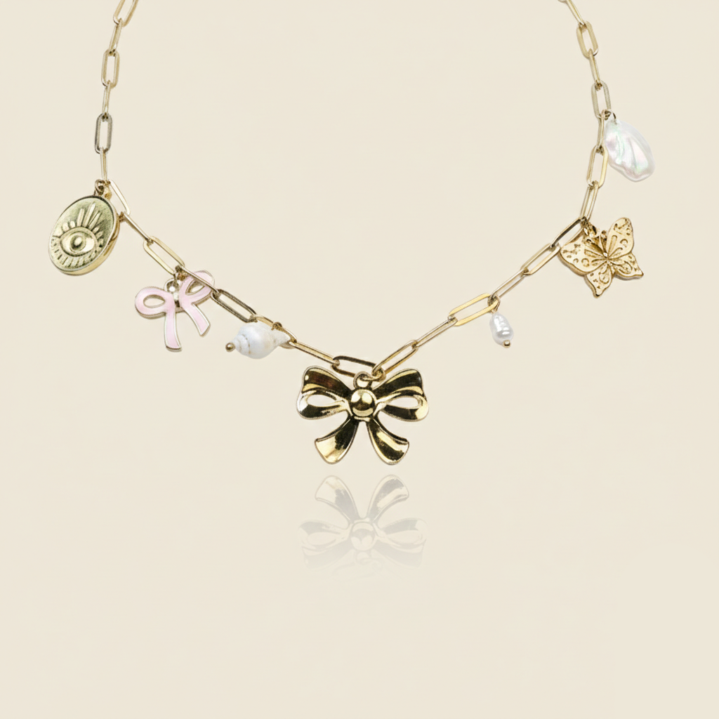 Aanura Gold Charm Necklace with Bow & Butterfly