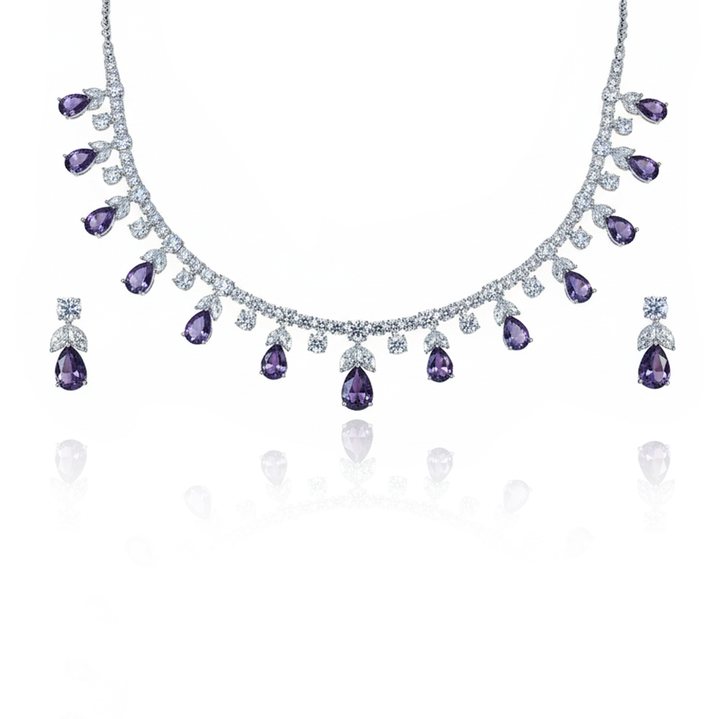 Aanura Purple Teardrop Crystal Necklace Set with Earrings