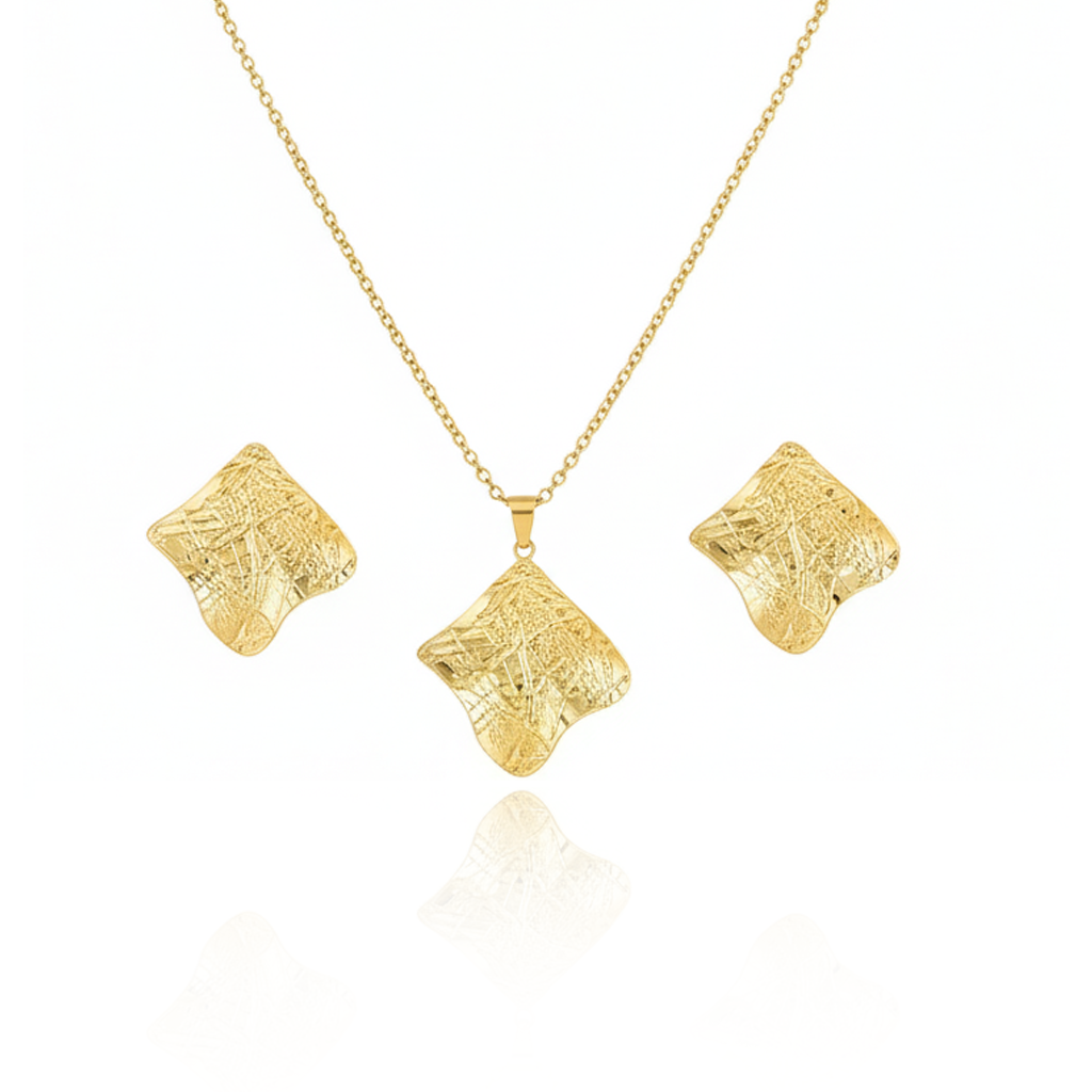 Aanura Golden Textured Wave Necklace & Earrings Set