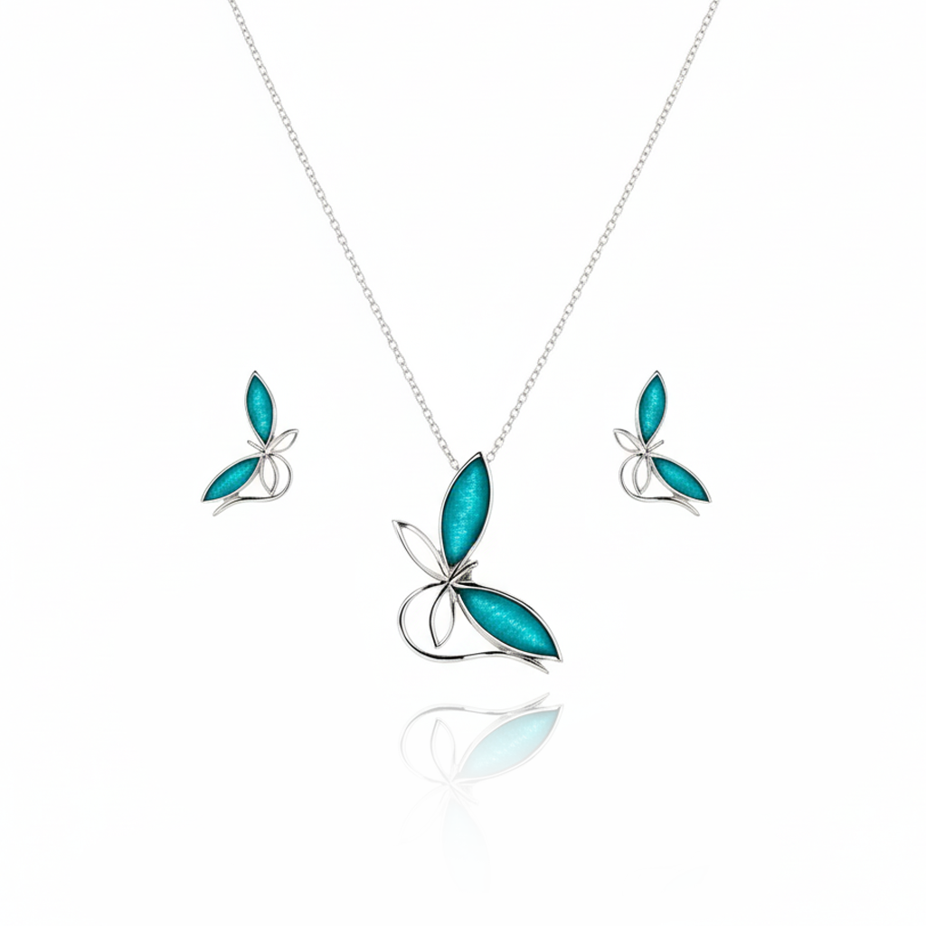Aanura Blue Butterfly Necklace & Earrings Set