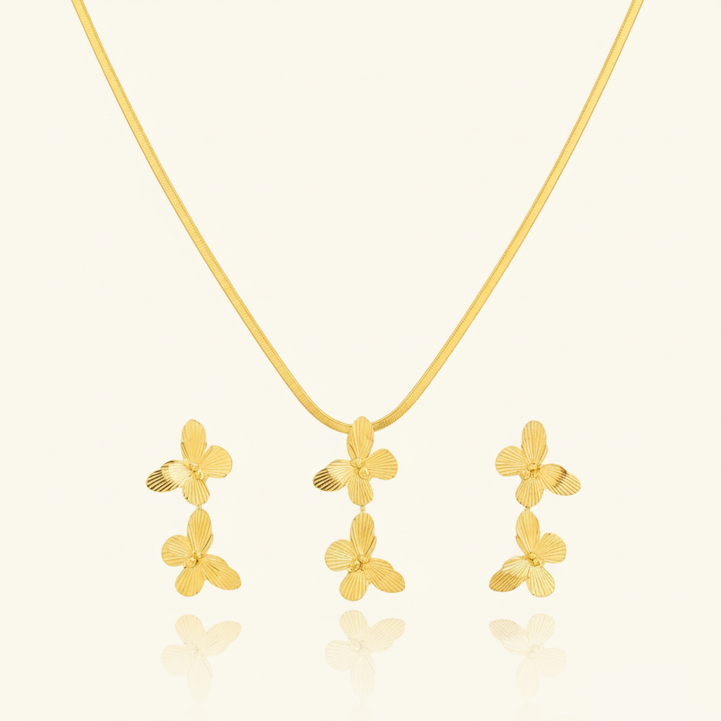 Golden Triple Orchid Necklace & Earrings Set