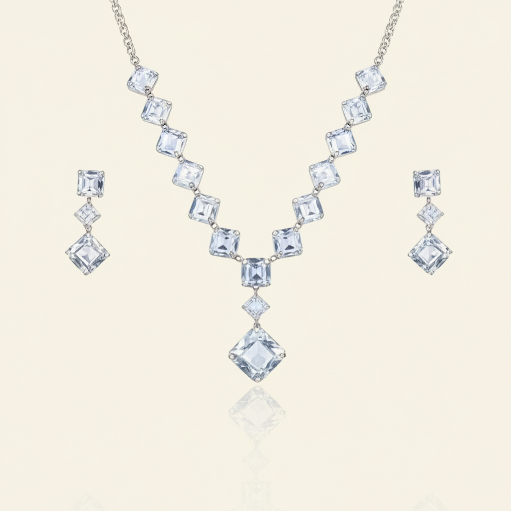 Aanura Square Crystal Necklace Set in Stainless Steel