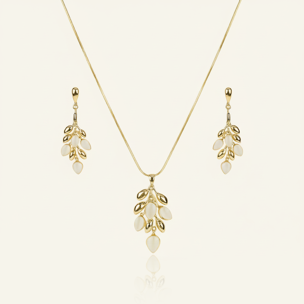 Aanura Golden Leaf Drop Necklace & Earrings Set