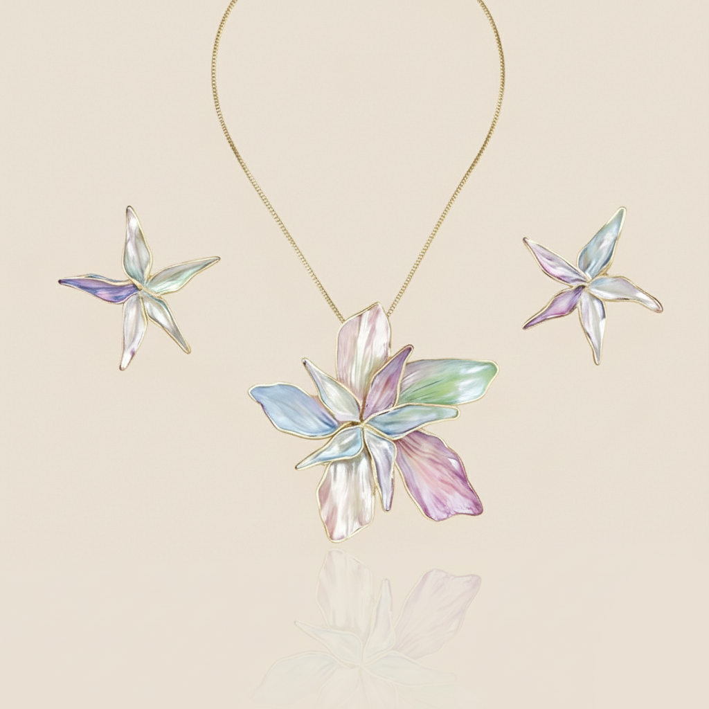 Aanura Pink Orchid Flower Necklace & Earrings