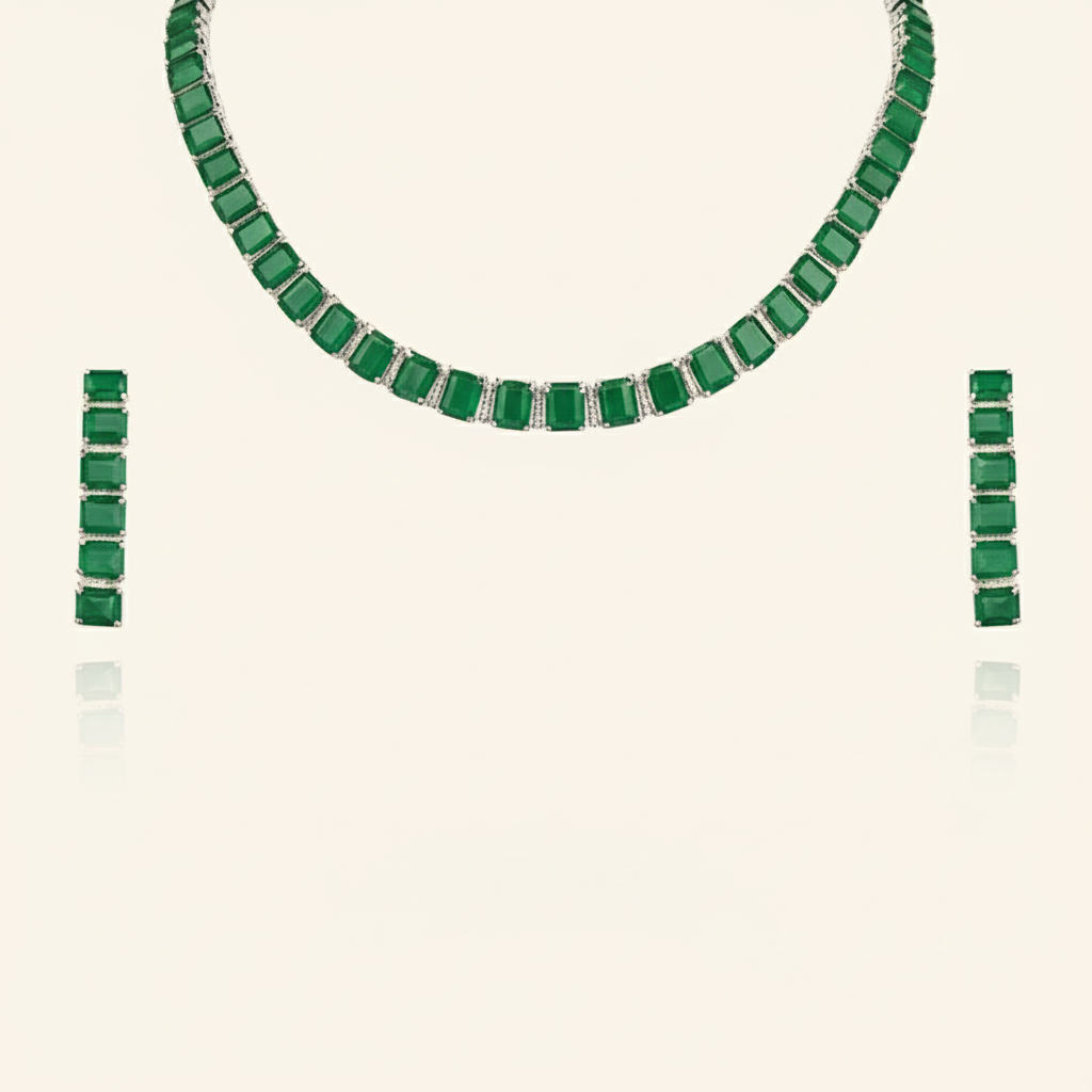 Aanura Green Emerald-Cut Necklace Set in Stainless Steel