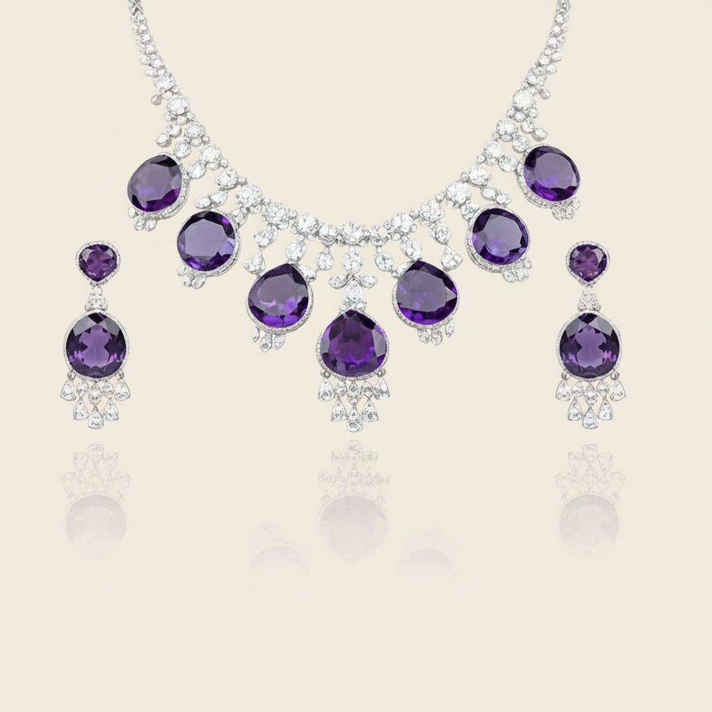 Aanura Royal Purple Crystal Drop Necklace Set Stainless