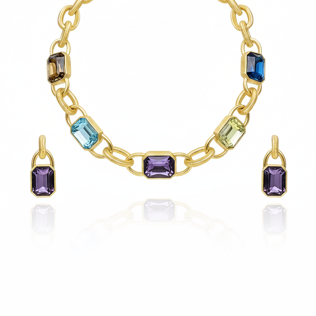 Aanura Gold Link Multicolor Crystal Necklace Set Stainless