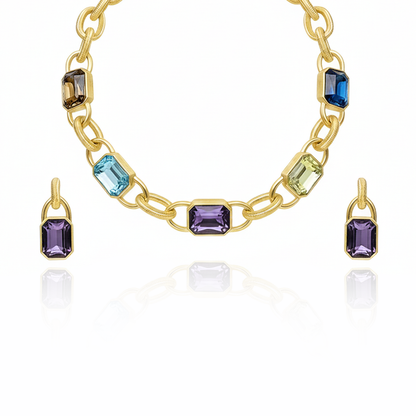 Aanura Gold Link Multicolor Crystal Necklace Set Stainless