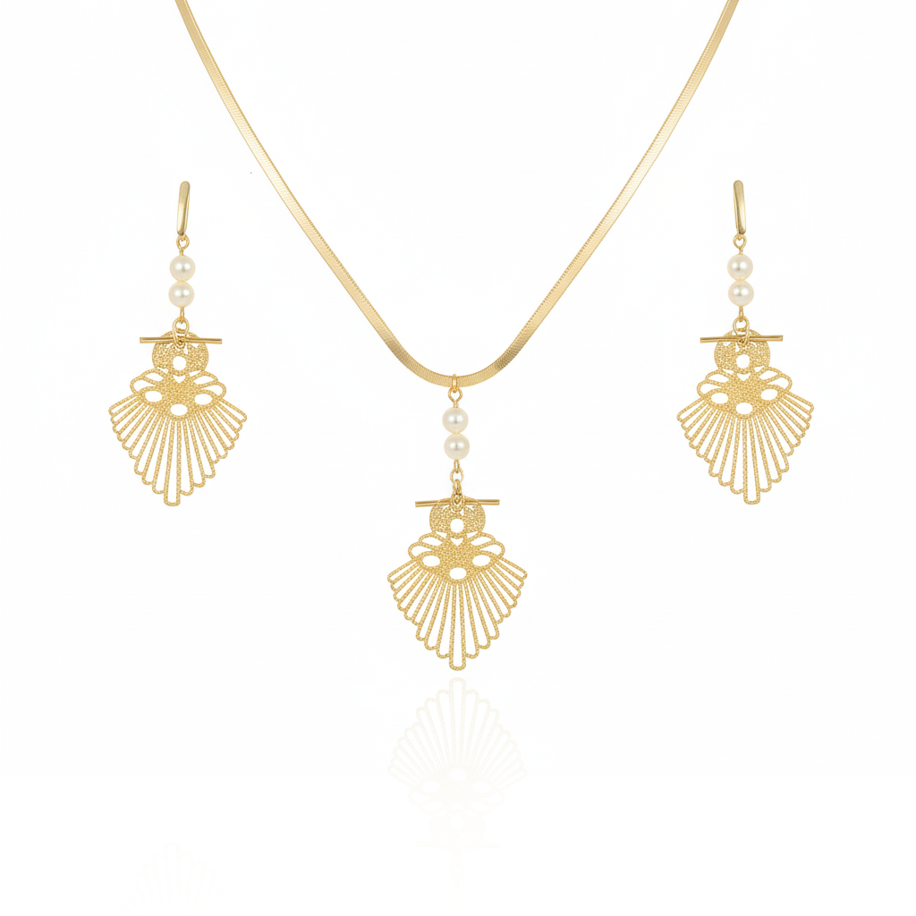 Aanura Golden Fan Pearl Necklace & Earrings Set