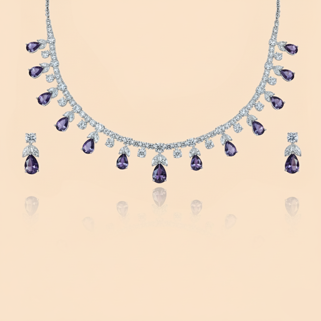 Aanura Purple Teardrop Crystal Necklace Set with Earrings