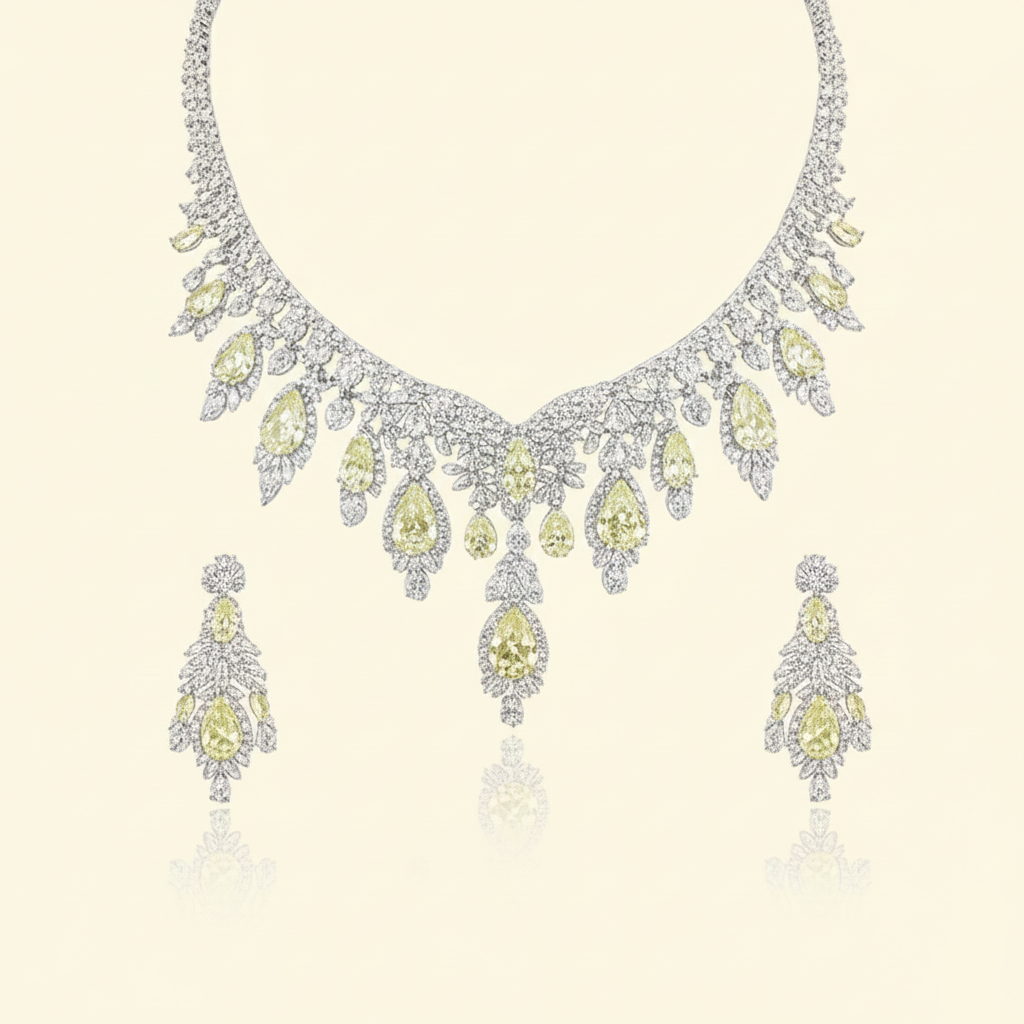 Aanura Yellow Teardrop Floral Necklace Set Stainless Steel