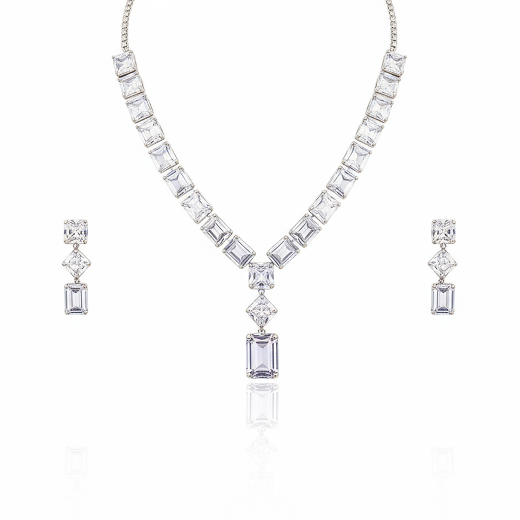 Aanura Emerald-Cut Diamond Necklace Set with Earrings