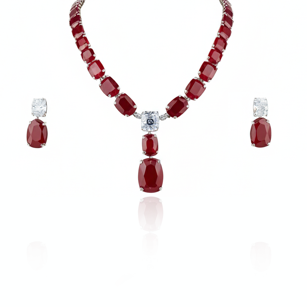 Aanura Deep Red Drop Crystal Necklace Set Stainless Steel