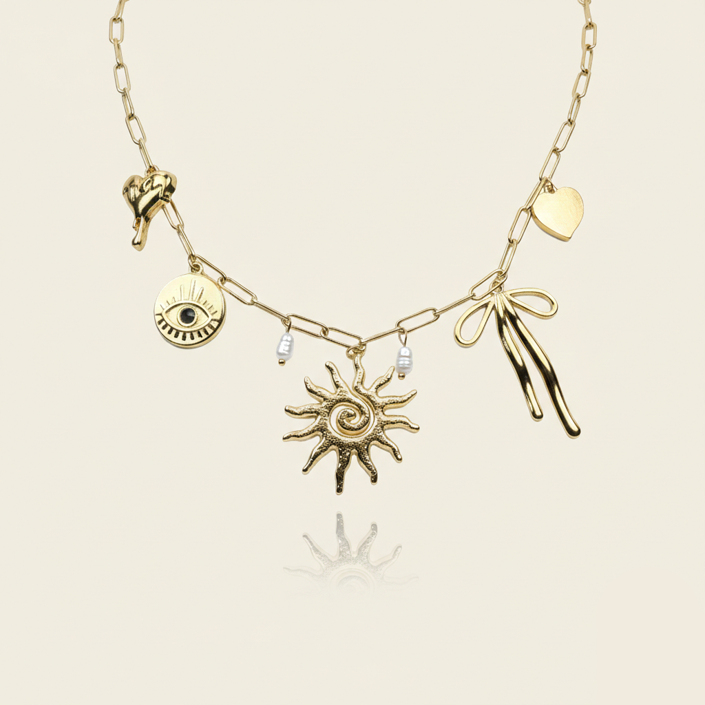 Aanura Gold Charm Necklace with Sun & Heart Pendants