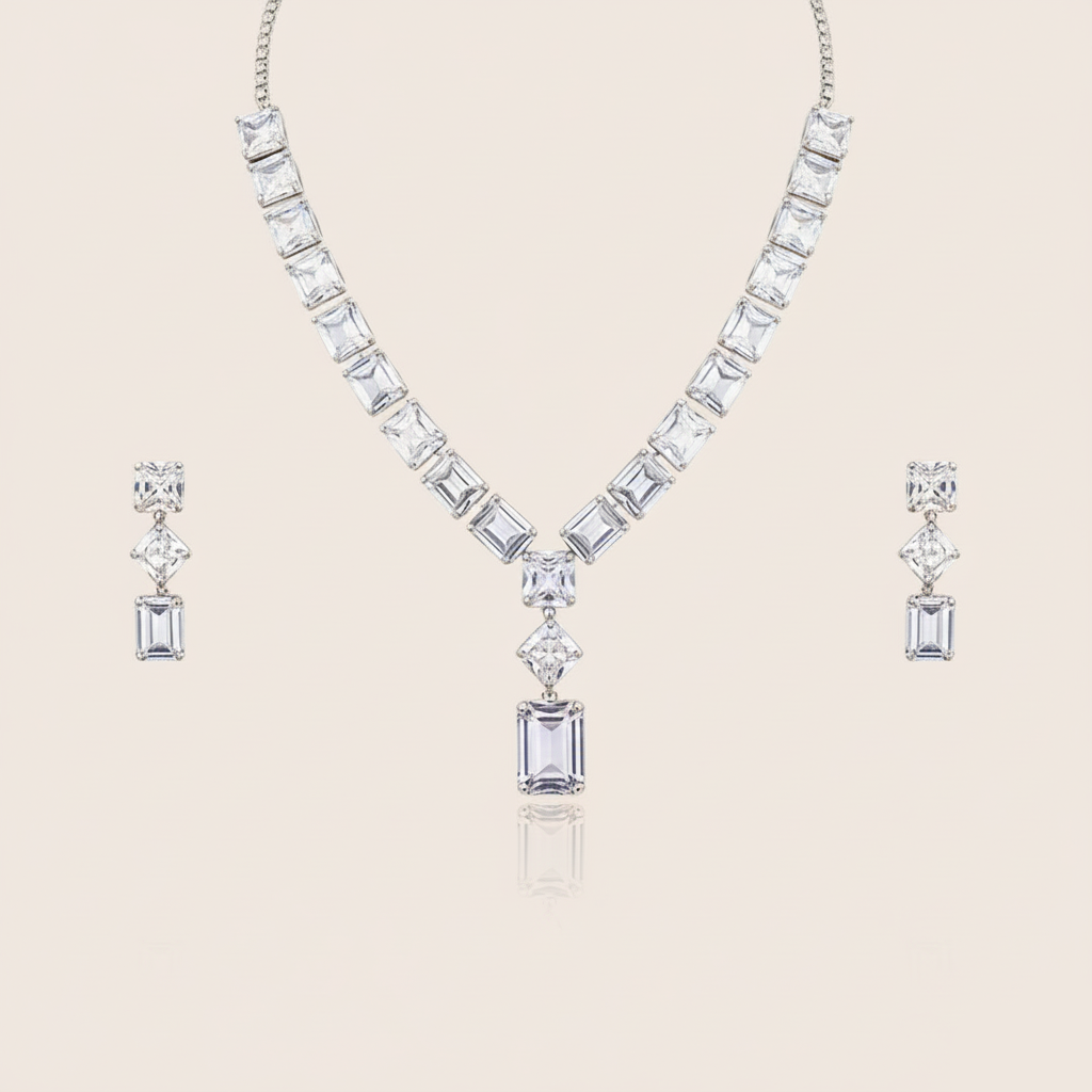 Aanura Emerald-Cut Diamond Necklace Set with Earrings