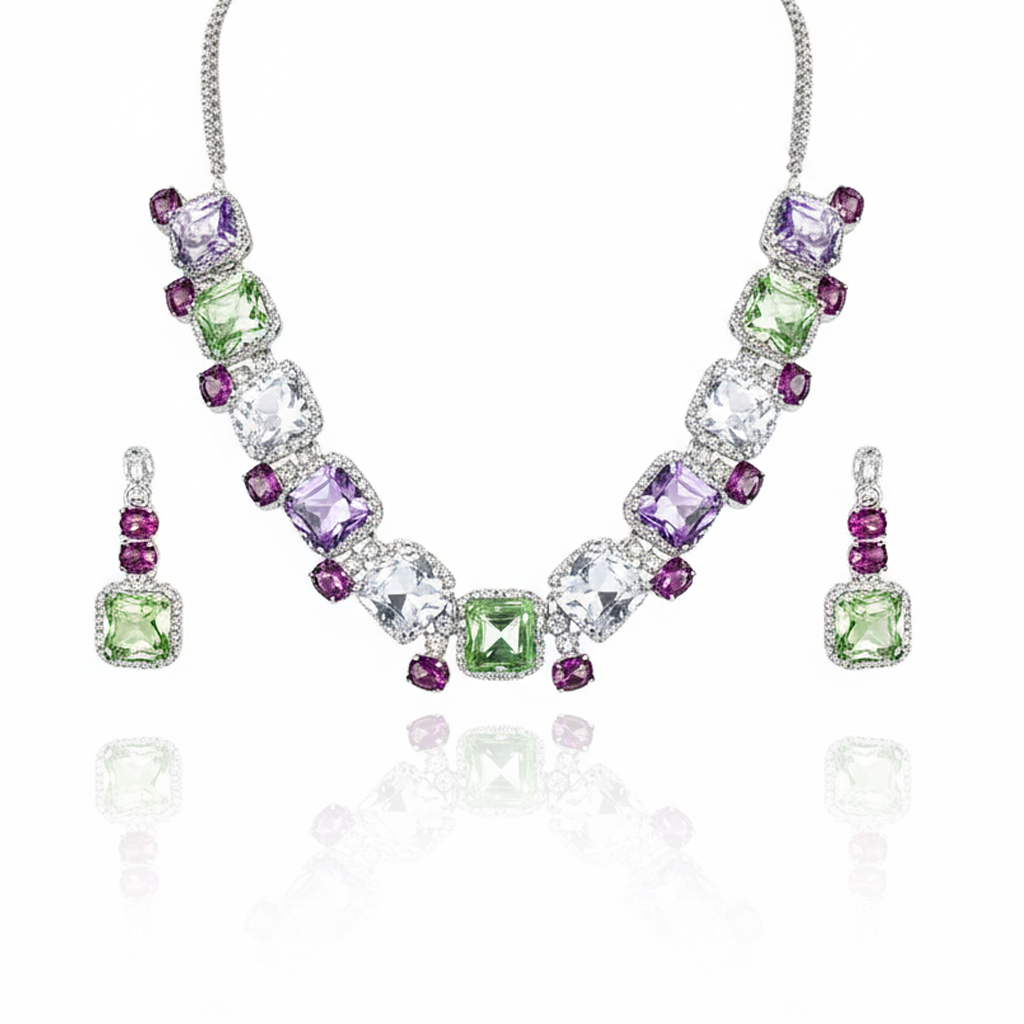 Aanura Multicolor Square Crystal Necklace Set Stainless
